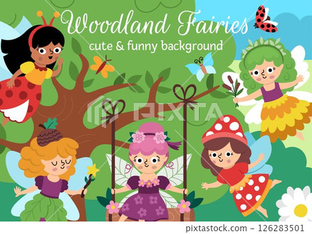 Vector horizontal scene with woodland fairies. Fairyland landscape illustration. Cute background or book cover for kids with adorable magic forest creatures. Funny fairytale scene Vector horizontal scene with woodland fairies. Fairyland landscape illustration. Cute background or book cover for kids with adorable magic forest creatures. Funny fairytale scene 126283501