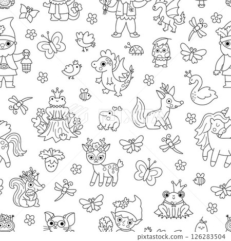 Vector black and white magic creature seamless pattern. Line repeat background with fairytale characters. Woodland fantasy animal digital paper. Forest fairy tale coloring page 126283504