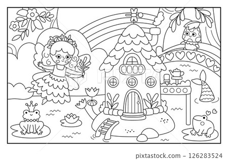 Vector black and white fairyland background with swamp fairy, mermaid house, reeds. Magic land line landscape. Woodland scenery with princess. Fantasy forest scene illustration, coloring page 126283524