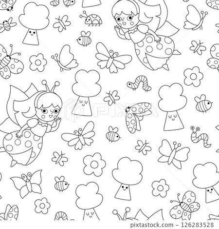 Vector black and white fairy bug seamless pattern. Line repeat background with girl. Woodland princess digital paper. Fantasy forest, magic garden coloring page with fairytale creature, butterfly, 126283528