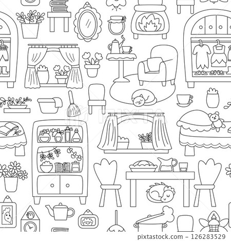 Vector black and white acorn fairy house seamless pattern. Repeat background with woodland princess home decor items. Fantasy forest cottage coloring page. Magic fairytale treehouse digital paper 126283529