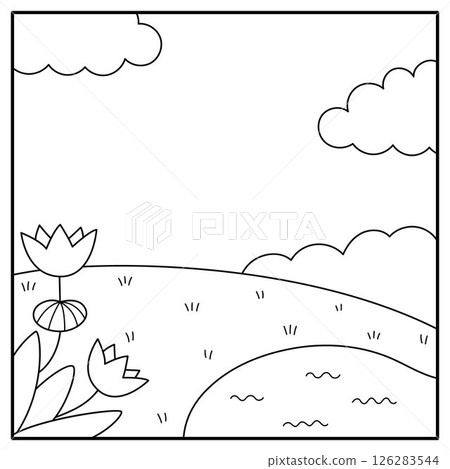 Vector black and white square nature backgrounds. Country, farm or village line landscape. Cute scenery with meadow, tree, bushes, sky, flowers. Forest or woodland scene illustration, coloring page Vector black and white square nature backgrounds. Country, farm or village line landscape. Cute scenery with meadow, tree, bushes, sky, flowers. Forest or woodland scene illustration, coloring page 126283544