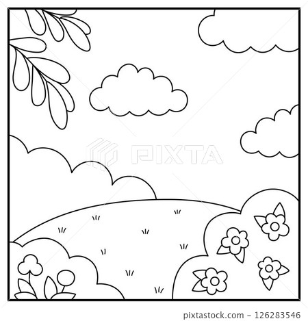 Vector black and white square nature backgrounds. Country, farm or village line landscape. Cute scenery with meadow, tree, bushes, sky, flowers. Forest or woodland scene illustration, coloring page 126283546