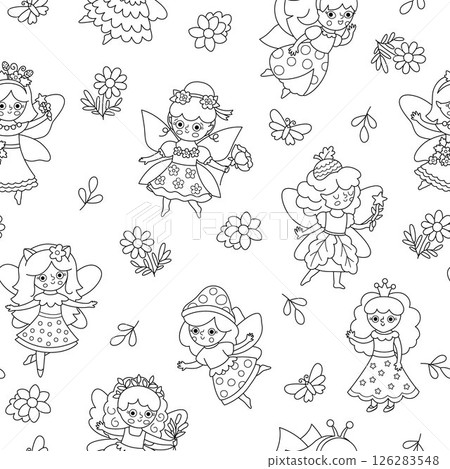 Vector black and white fairy seamless pattern. Line repeat background with girls with wings. Woodland princess digital paper. Fantasy forest, magic coloring page with acorn, mushroom, unicorn Vector black and white fairy seamless pattern. Line repeat background with girls with wings. Woodland princess digital paper. Fantasy forest, magic coloring page with acorn, mushroom, unicorn 126283548