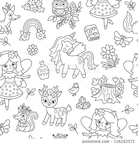 Vector black and white animal fairy seamless pattern. Cute line repeat background with girl. Woodland princess digital paper. Fantasy forest, magic garden coloring page with fairytale creature Vector black and white animal fairy seamless pattern. Cute line repeat background with girl. Woodland princess digital paper. Fantasy forest, magic garden coloring page with fairytale creature 126283572
