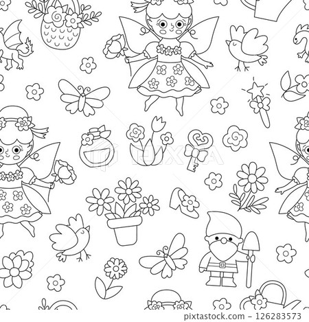 Vector black and white flower fairy seamless pattern. Cute line repeat background with girl. Woodland princess digital paper. Fantasy forest, magic garden coloring page with fairytale creature Vector black and white flower fairy seamless pattern. Cute line repeat background with girl. Woodland princess digital paper. Fantasy forest, magic garden coloring page with fairytale creature 126283573