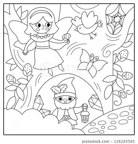 Vector black and white square fairyland background with berry fairy, dwarf. Magic land line landscape. Woodland scenery with princess. Fantasy forest scene illustration, coloring page Vector black and white square fairyland background with berry fairy, dwarf. Magic land line landscape. Woodland scenery with princess. Fantasy forest scene illustration, coloring page 126283585