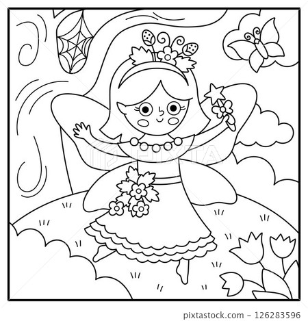 Vector black and white square background with berry fairy. Fairyland landscape line illustration. Scenery with magic princess, meadow, sky. Fantasy nature scene illustration, coloring page Vector black and white square background with berry fairy. Fairyland landscape line illustration. Scenery with magic princess, meadow, sky. Fantasy nature scene illustration, coloring page 126283596