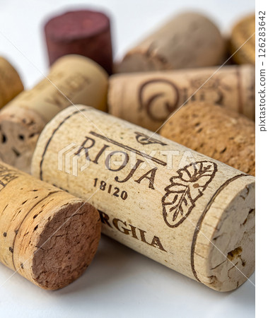 Collection of Rioja wine corks, branding and wine culture representing cellar collection and sommelier expertise 126283642