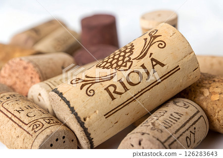 Collection of Rioja wine corks, branding and wine culture representing cellar collection and sommelier expertise 126283643