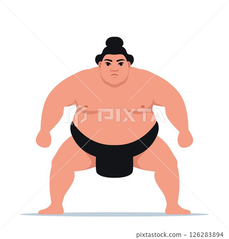 Sumo wrestler standing in crouch stance. of Heavy fat sportsman character. Fighting Japanese traditional martial art and sport activity. Vector illustration. 126283894