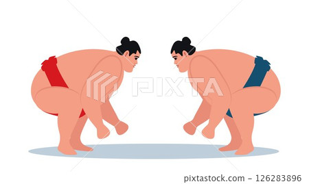Two sumo wrestlers stand in the fighting stance before the start of the fight. Heavy fat sportsman characters. Fighting Japanese traditional martial art and sport activity. Vector illustration. Two sumo wrestlers stand in the fighting stance before the start of the fight. Heavy fat sportsman characters. Fighting Japanese traditional martial art and sport activity. Vector illustration. 126283896
