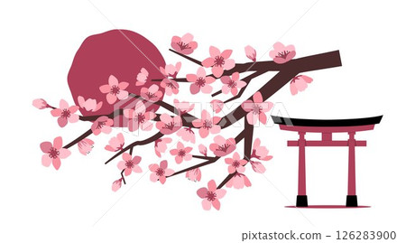 Japanese Traditional culture symbols composition with sakura branches, sun and torii gate. Pink cherry blossom. Vector illustration. 126283900