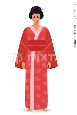 Full length portrait of beautiful geisha in Japanese kimono. Symbol of Japan. Young Japanese woman wearing traditional kimono with floral pattern. Vector illustration. Full length portrait of beautiful geisha in Japanese kimono. Symbol of Japan. Young Japanese woman wearing traditional kimono with floral pattern. Vector illustration. 126283905