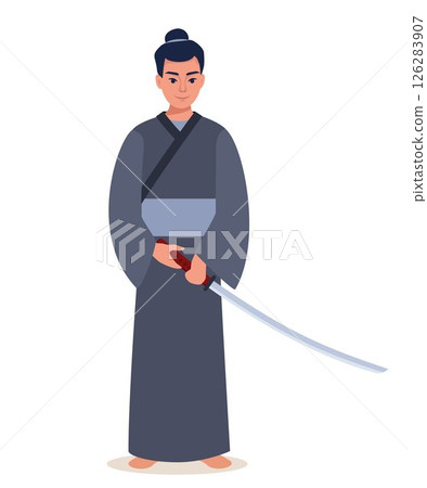 Japanese samurai, warrior in traditional kimono with katana sword, symbol of Japan. Full length portrait of Japanese samurai. Vector illustration. 126283907