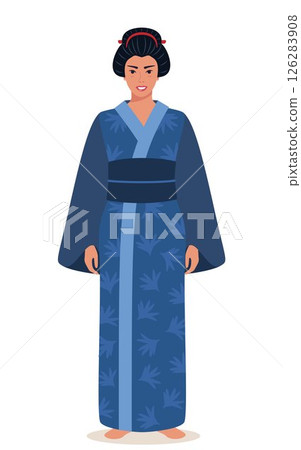 Full length portrait of beautiful geisha in Japanese kimono. Symbol of Japan. Young Japanese woman wearing traditional kimono with floral pattern. Vector illustration. 126283908