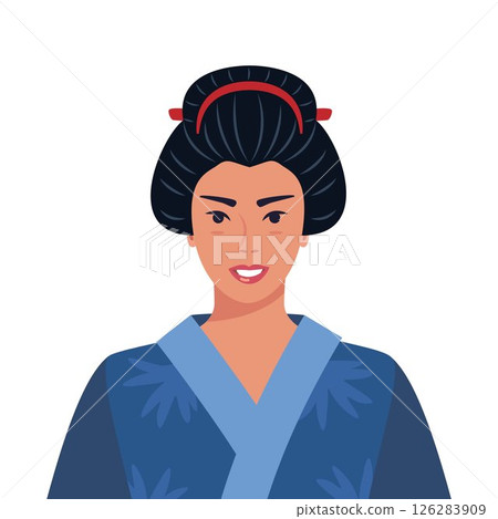 Portrait of beautiful geisha in Japanese kimono. Symbol of Japan. Young Japanese woman wearing traditional kimono with floral pattern. Vector illustration. Portrait of beautiful geisha in Japanese kimono. Symbol of Japan. Young Japanese woman wearing traditional kimono with floral pattern. Vector illustration. 126283909