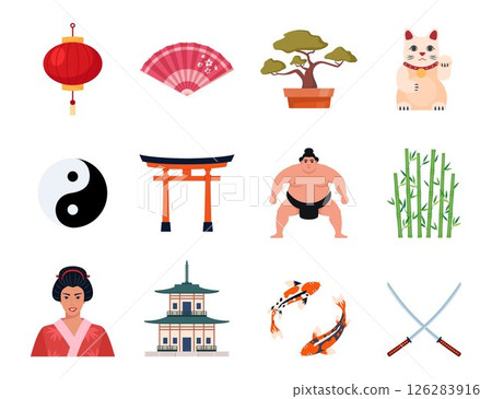 Japanese Traditional culture symbols. Geisha, samurai, katana, Mount Fuji, bonsai, Maneki Neko lucky cat, sakura, pagoda, bamboo, sushi, sumo, torii gate. Travel to Japan. Vector illustration. 126283916