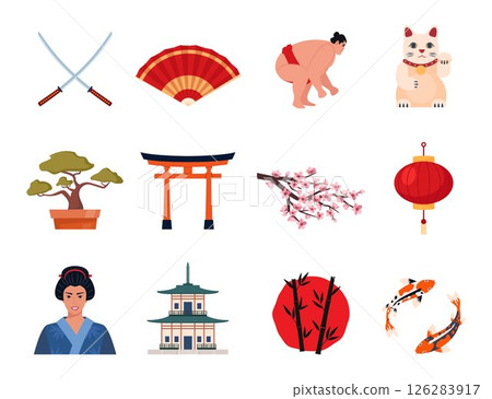 Japanese Traditional culture symbols. Geisha, samurai, katana, Mount Fuji, bonsai, Maneki Neko lucky cat, sakura, pagoda, bamboo, sushi, sumo, torii gate. Travel to Japan. Vector illustration. 126283917