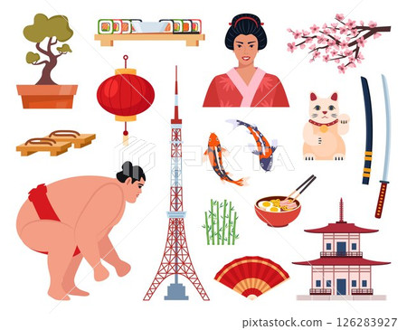 Japanese Traditional culture symbols. Geisha, samurai, katana, Mount Fuji, bonsai, Maneki Neko lucky cat, sakura, pagoda, bamboo, sushi, sumo, torii gate. Travel to Japan. Vector illustration. 126283927