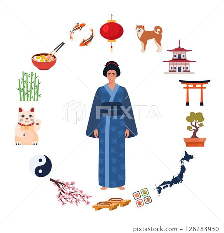 Japanese Traditional culture symbols. Geisha, samurai, katana, Mount Fuji, bonsai, Maneki Neko lucky cat, sakura, pagoda, bamboo, sushi, sumo, torii gate. Travel to Japan. Vector illustration. 126283930