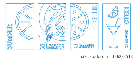 Summer. Set of vector summer backgrounds. Line drawing. Fruit beach umbrella, flip flops and cocktail. Abstract background, patterns for posters, covers, flyers, banners. 126284518