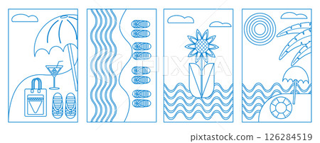 Summer. Set of vector summer backgrounds. Line drawing. Fruit beach umbrella, flip flops and cocktail. Abstract background, patterns for posters, covers, flyers, banners. Summer. Set of vector summer backgrounds. Line drawing. Fruit beach umbrella, flip flops and cocktail. Abstract background, patterns for posters, covers, flyers, banners. 126284519