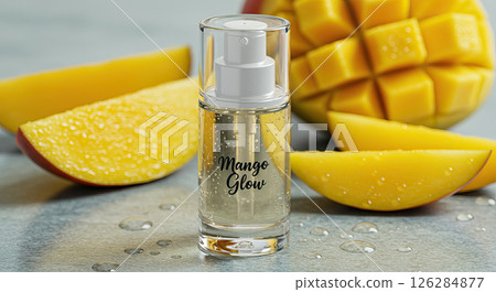 Mango glow skincare serum with fresh sliced mango for natural beauty and radiance enhancement 126284877