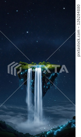 Magical floating island with waterfalls and starry sky for fantasy design Magical floating island with waterfalls and starry sky for fantasy design 126284880
