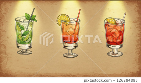 Refreshing summer cocktails on vintage background for beverage menu design Refreshing summer cocktails on vintage background for beverage menu design 126284883