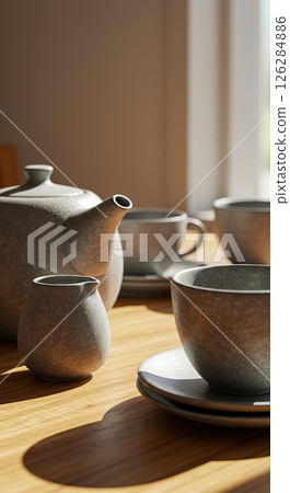 Morning light on ceramic teapot and cup set in cozy kitchen scene Morning light on ceramic teapot and cup set in cozy kitchen scene 126284886