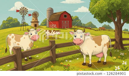 Peaceful rural farm scene with cows and windmills for children's storybook illustration Peaceful rural farm scene with cows and windmills for children's storybook illustration 126284901