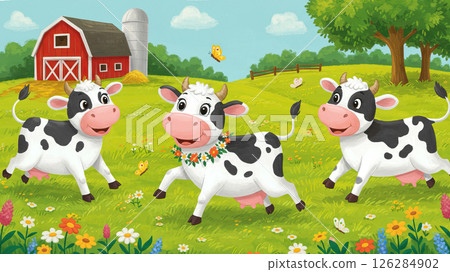 Happy cows frolicking in pastoral farm scene with red barn and butterflies 126284902
