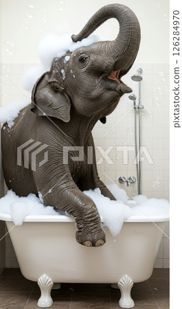Playful elephant enjoying a bubble bath in a bathtub 126284970