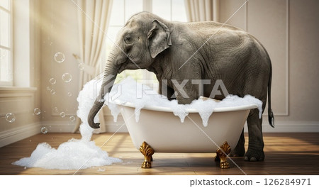 Playful elephant enjoying a bubble bath in a luxurious tub 126284971