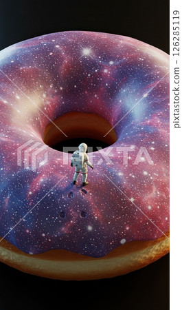 Astronaut exploring cosmic galaxy doughnut surreal food art 126285119