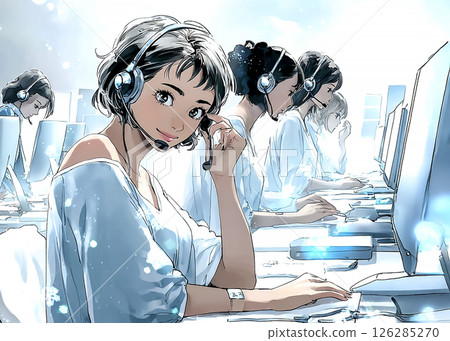 Illustration material of a young woman working in a call center Illustration material of a young woman working in a call center 126285270