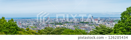 View of Kanazawa city and the Kanazawa Plain in Ishikawa Prefecture from the panoramic hill of Daijoji Hill Park 126285434