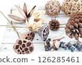 Natural materials such as pine cones, lotus and wild lilies 126285461
