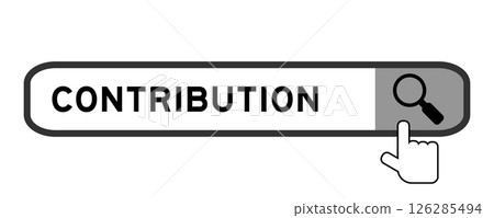 Search banner in word contribution with hand over magnifier icon on white background Search banner in word contribution with hand over magnifier icon on white background 126285494