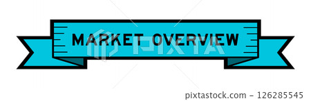 Blue ribbon label banner with word market overview on white background 126285545