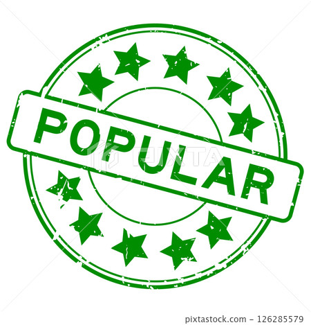 Grunge green popular word with star icon round rubber seal stamp on white background Grunge green popular word with star icon round rubber seal stamp on white background 126285579