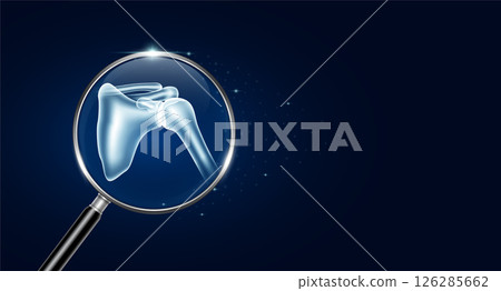 Shoulder bone inside magnifying glass with scan search and blue glowing neon heart pulse. Medical health care. Body health check up examining organ. Vector. 126285662