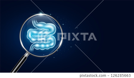 Small intestine inside magnifying glass with scan search and blue glowing neon heart pulse. Medical health care. Body health check up examining organ. Vector. 126285663