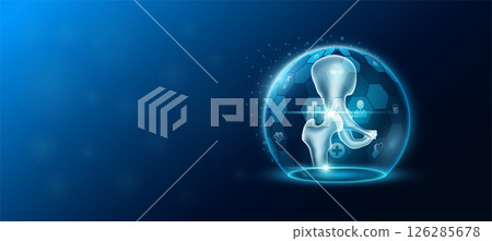 Hip bone joint human organ in transparent dome shield protection futuristic with medical icon. Technology innovation health care. Empty space for text. Medical science ads website banner. Vector. 126285678