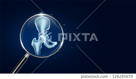 Hip bone inside magnifying glass with scan search and blue glowing neon heart pulse. Medical health care. Body health check up examining organ. Vector. Hip bone inside magnifying glass with scan search and blue glowing neon heart pulse. Medical health care. Body health check up examining organ. Vector. 126285679