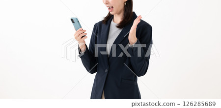 A woman surprised to see a smartphone 126285689