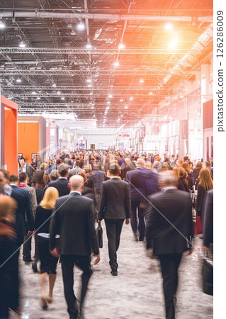 A blurry crowd of business people in a large, bright business hall. A dynamic blur of business professionals fills the bright hall, highlighting the energy of collaboration and creativity. 126286009