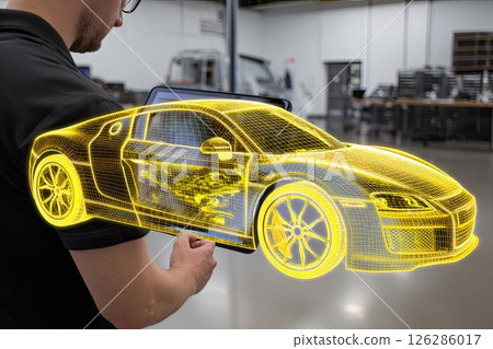 Auto engineer next to a holographic model of a car. Innovative technologies in the development of car design. The engineer’s passion for car design shines through his holographic model. 126286017