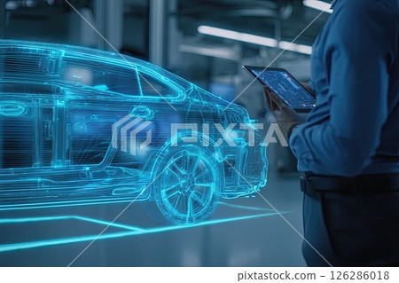 Auto engineer next to a holographic model of a car. Innovative technologies in the development of car design. The engineer's passion for design shines in the holographic car model. 126286018